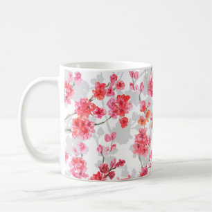 Grenar av körsbärsblommar på vit och grått baksida kaffemugg