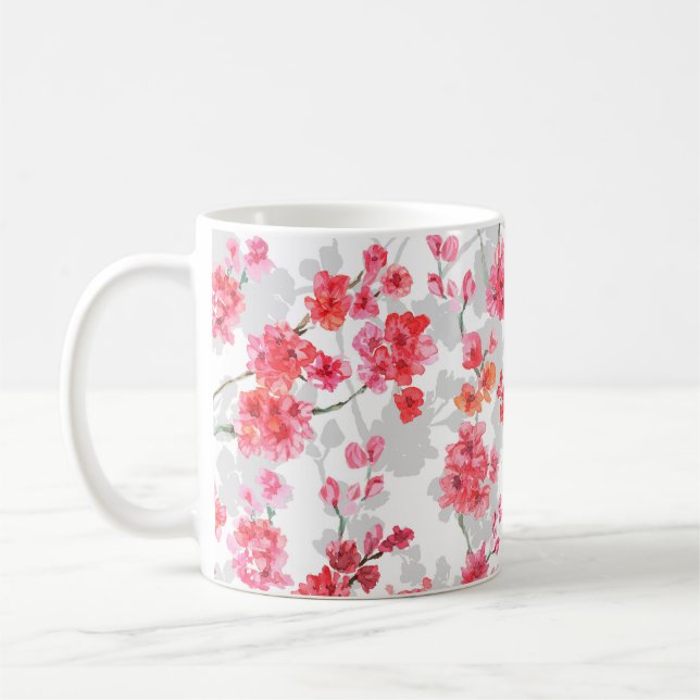 Grenar av körsbärsblommar på vit och grått baksida kaffemugg (Vänster)