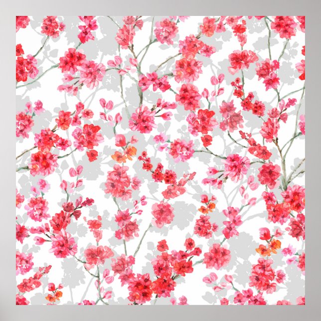 Grenar av körsbärsblommar på vit och grått baksida poster (Framsidan)