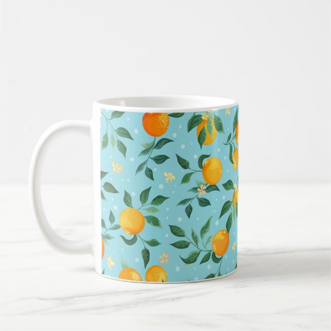 Grenar av orangar med blommor på blå botten kaffemugg (Vänster)