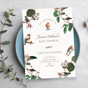 Grenar Löv Fågel baby shower Inbjudningar