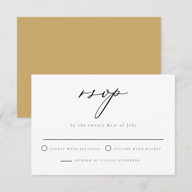 GRETA Minimalist Senap Script Bröllop Svarskort Inbjudningar (Fram/baksida)