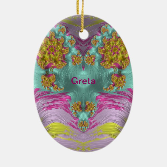 GRETA ~ PÅSKÄGG ~ Rosa Gult Aqua Fractal ~ Julgransprydnad Keramik (Baksidan)