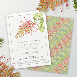 Grevillea Blommes vattenfärg bröllop grönt vit i Inbjudningar