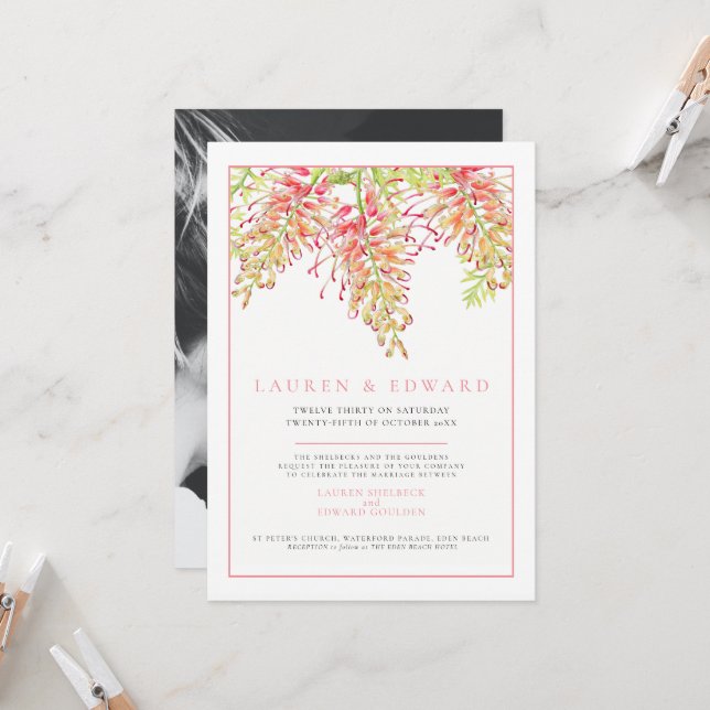 Grevillea botaniskt vattenfärgsfoto bröllop koral inbjudningar (Fram/Back In Situ)