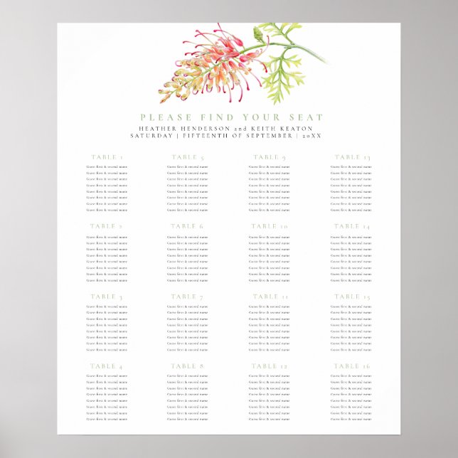 Grevillea grön blomsterlig vigsel 16 bord plan poster (Framsidan)