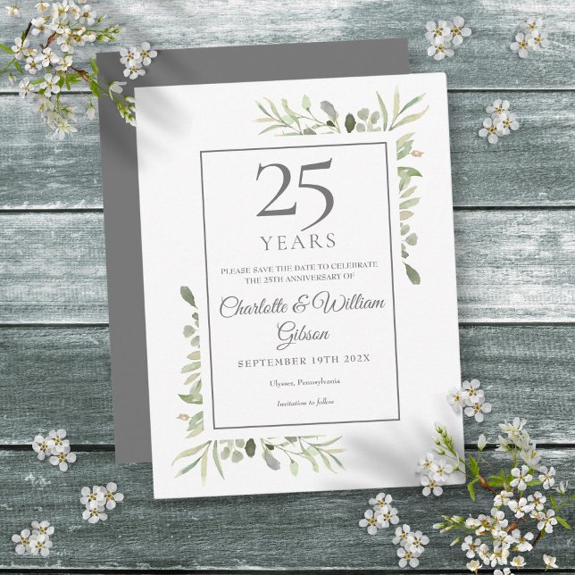 Grey 25:e Bröllop-årsdagen Spara datumet Meddelande Vykort (Greenery 25th Wedding Anniversary Save the Date Announcement Postcard)