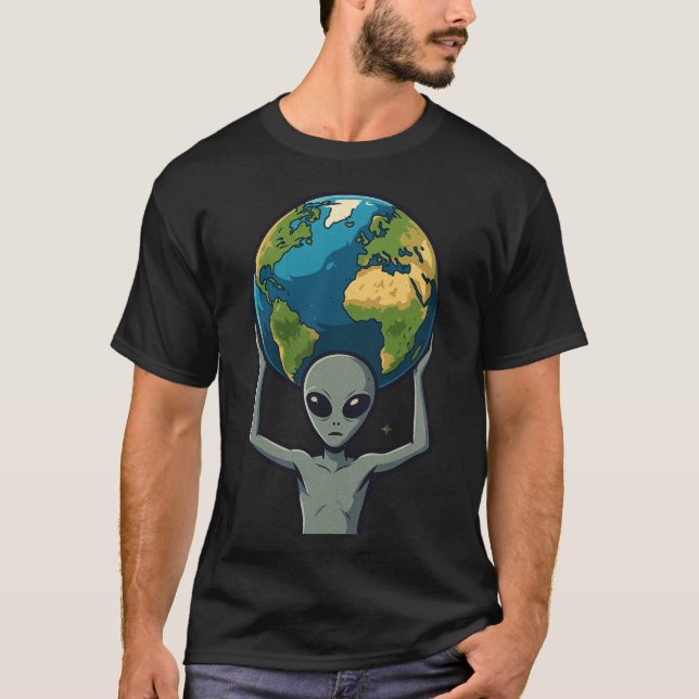 Grey Alien Lifting the Earth 🌍👽 T Shirt (Framsida)