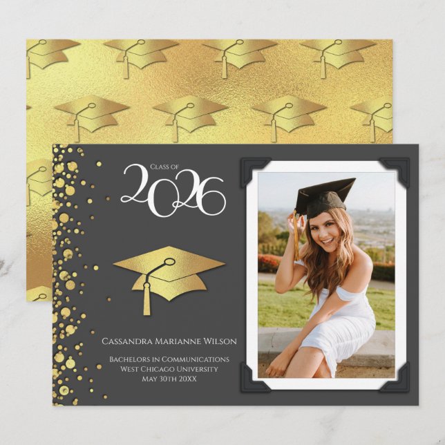 Grey and Gold Graduation Announcement Inbjudningar (Fram/baksida)