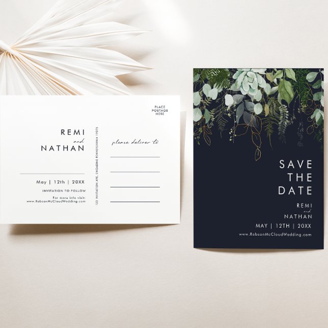 Grey and Guld Mörk Navy Spara datum Postcard Inbjudan Vykort (Skapare uppladdad)