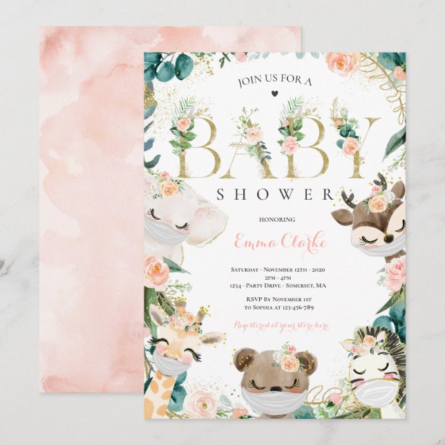 Grey and Guld Safari Animals Baby Shower Inbjudningar (Fram/baksida)