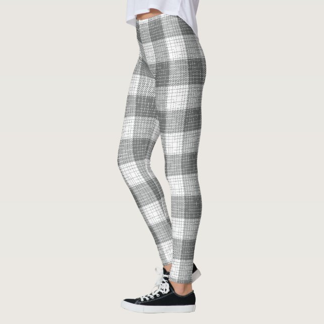 Grey and White Checkered Crosshatch Plaid  Leggings (Vänster)