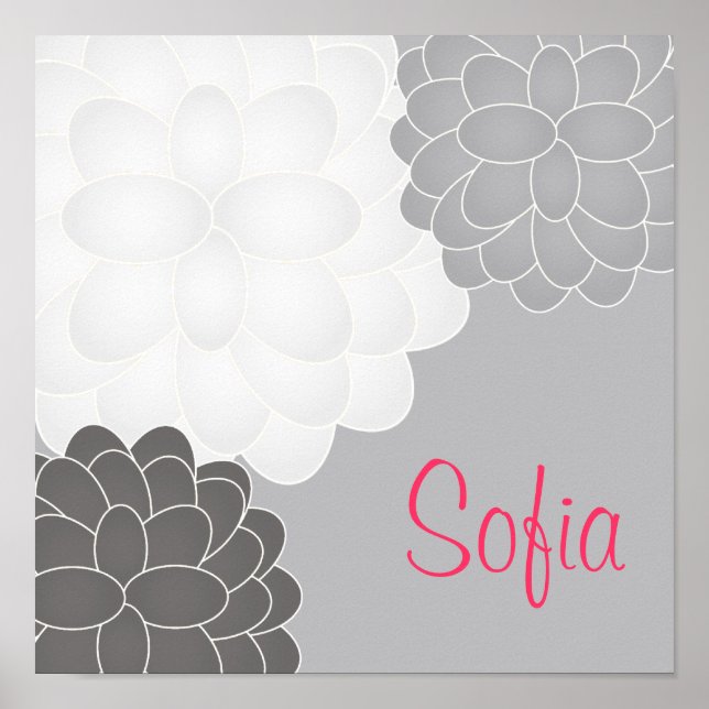 Grey and White Floral Nursery Wall Print Poster (Framsidan)