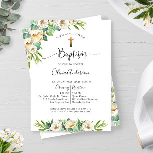 Grey and White, Guld Gult Blommigt Baptism Inbjudningar