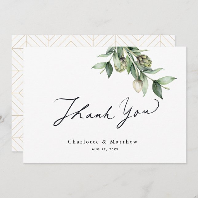 Grey & Artichokes Watercolor Bröllop Tack Kort (Fram/baksida)