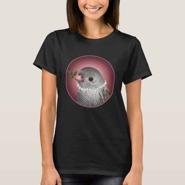 Grey bird with pearl necklace and branch in beak t shirt (Framsida)