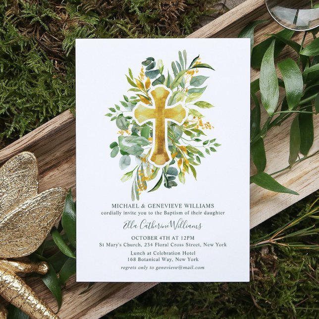 Grey Blommigt Botanical Guld Kor Baptism Inbjudningar (Skapare uppladdad)