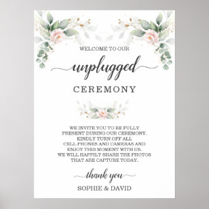 Grey Blommigt Guld Unplugged Ceremony Sign Poster
