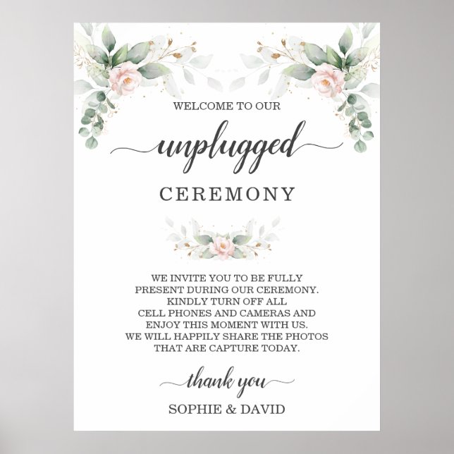 Grey  Blommigt Guld Unplugged Ceremony Sign Poster (Framsidan)
