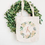 Grey Blommigt Wandedräkt Utandning Inledande Tygkasse<br><div class="desc">Personlig till säcksdesignen har ett första monogram inramat av en vattenfärgsutandning av elegant blommigt som omfattar målad grönsak med ro,  ranunkulus blommor och löv i neutralt av vita,  kräm,   rosa,  guld och grönt. Gör en underbar gåva till din bröllopsfest/brudtärna!</div>