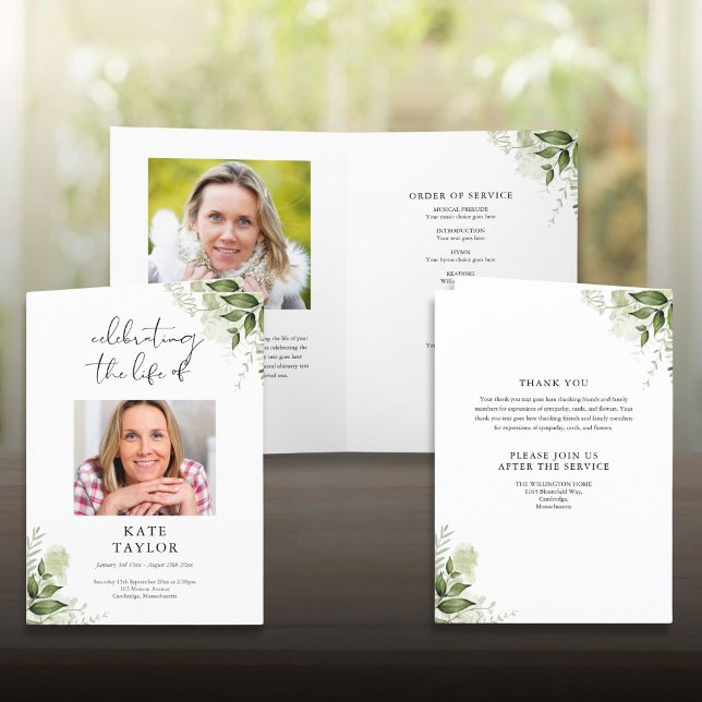 Grey-Blommigtens underordning för delgivning har m Program (Greenery Floral Funeral Order Of Service Folded Program)