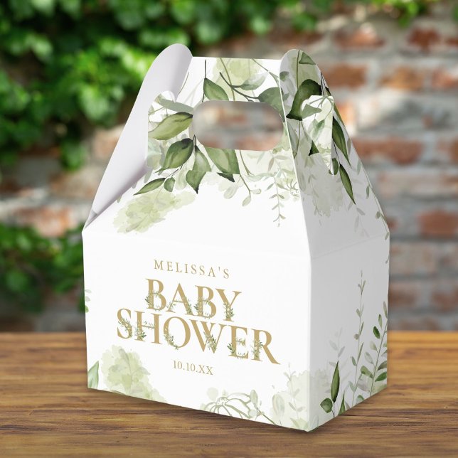 Grey Botanical Foliage Guld Baby Shower Presentaskar (Greenery Botanical Foliage Gold Baby Shower Favor Box)