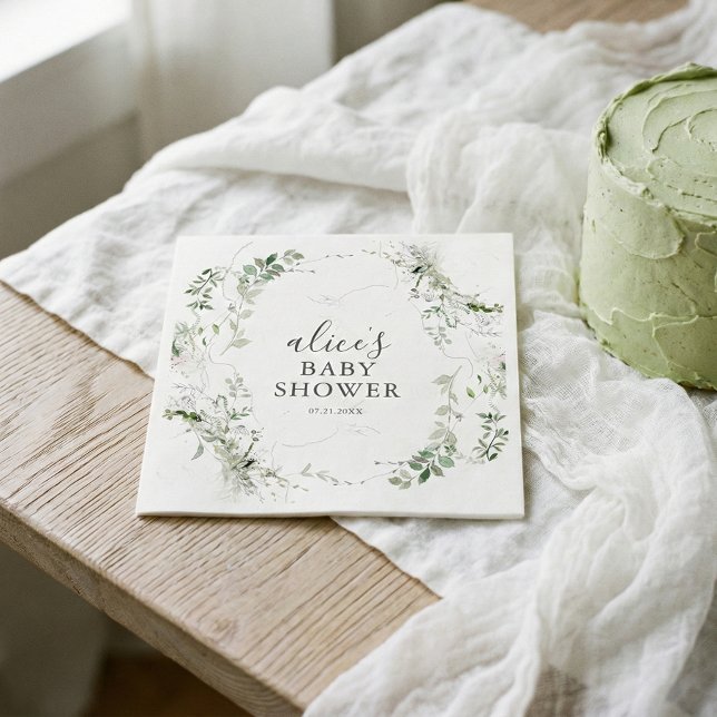 Grey Botanical Script Baby Shower Pappersservett (Skapare uppladdad)