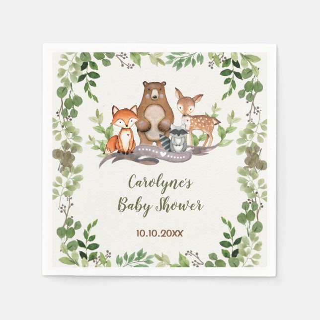 Grey Botanical Woodland Animals Baby Shower Pappersservett (Framsidan)
