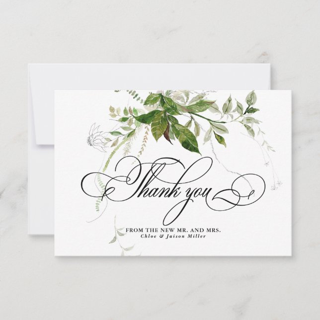 Grey Botanicals Watercolor Calligraphy Bröllop Tack Kort (Framsida)