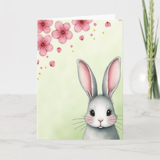 Grey Bunny Pink Petals Card Kort (Framsida)