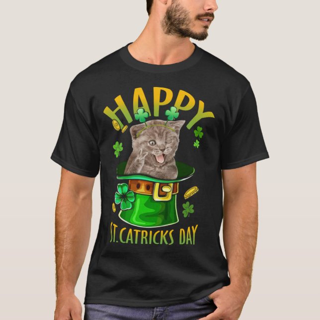 Grey Cat Catrick Irish Shamrock Kitten St Patricks T Shirt (Framsida)