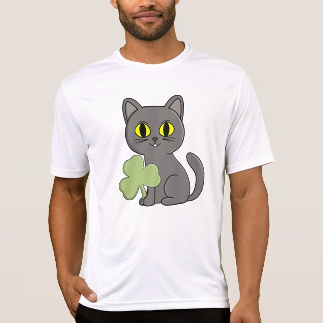 Grey Cat Shamrock Clover Charm T Shirt (Framsida)