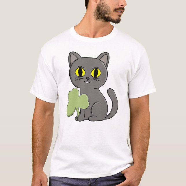 Grey Cat Shamrock Clover Charm T Shirt (Framsida)