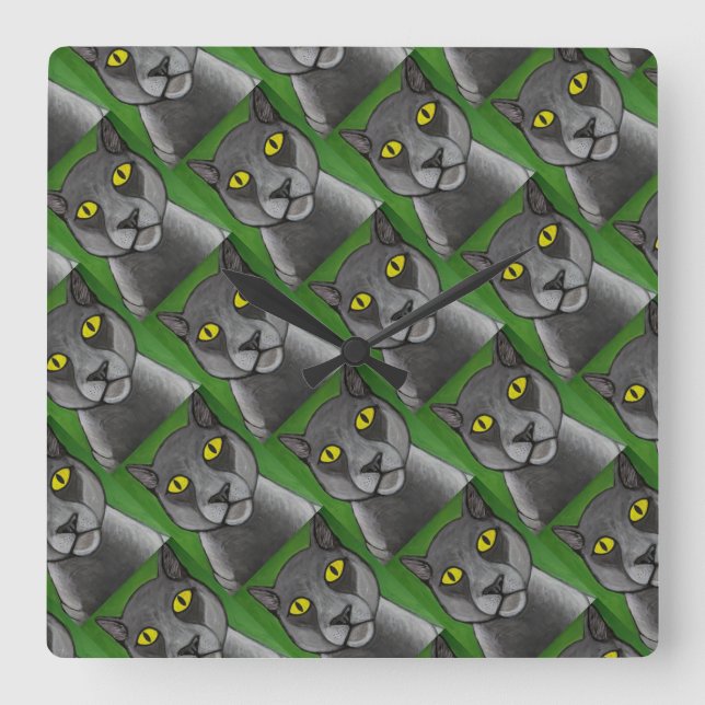 Grey Cat Wall Clock Fyrkantig Klocka (Framsida)