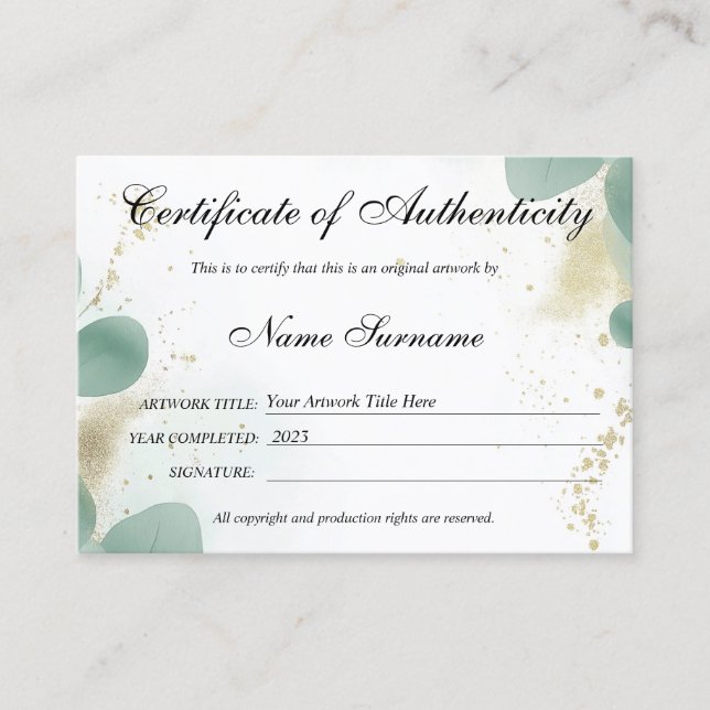 Grey Certificate of Authenticity Artwork Logotyp Visitkort (Framsida)