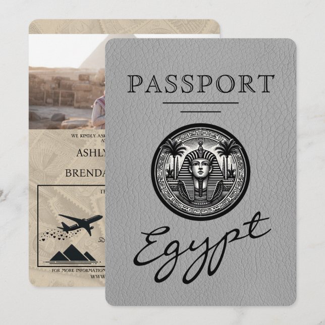 Grey Egypt Passport Wedding Invitation Inbjudningar (Fram/baksida)