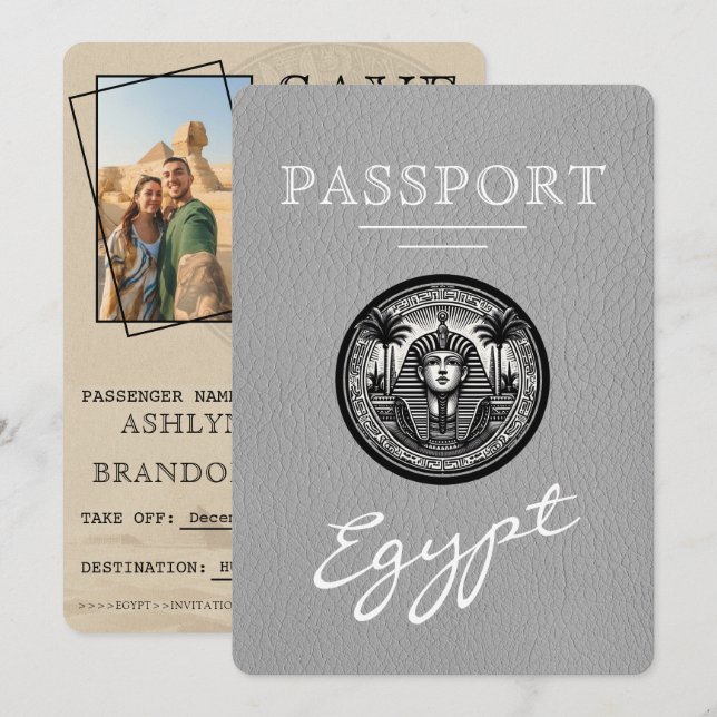 Grey Egypt Passport Wedding Save the Date Spara Datumet (Fram/baksida)