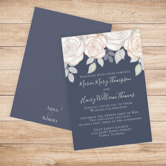 Grey Elegant Watercolor Rustic Blommigt Blue Inbjudningar (Skapare uppladdad)