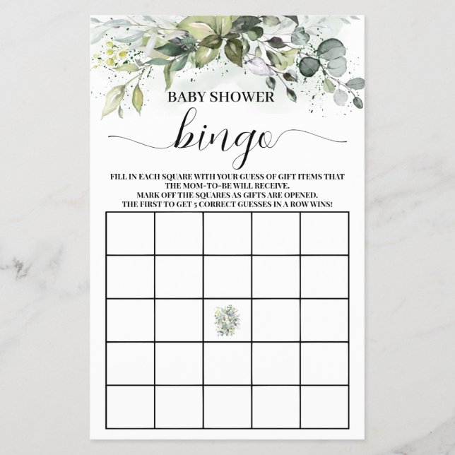 Grey Eucalyptus Baby Shower Bingo Game Card Flygblad (Framsidan)