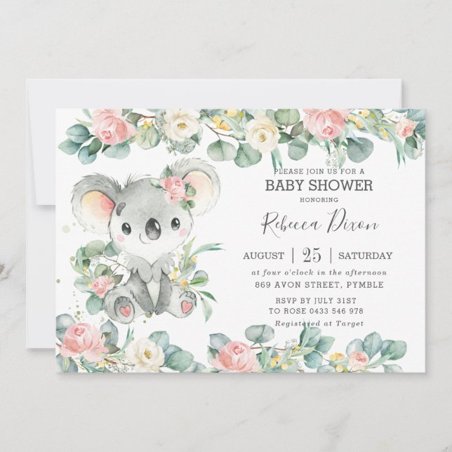 Grey Eucalyptus Blommigt Koala Baby Shower Girl Inbjudningar (Framsida)