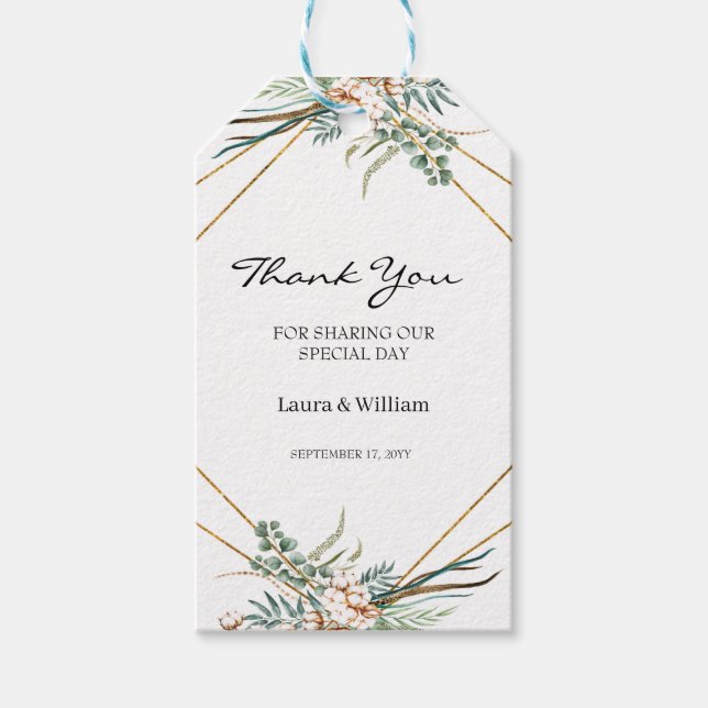 Grey Eucalyptus Cotton Wedor Favor Tack Presentetikett (Framsidan)