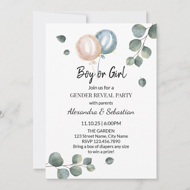 Grey Eucalyptus Gender Reveal Inbjudningar (Framsida)