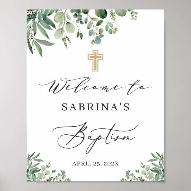 Grey Eucalyptus Löv Baptism Välkomstecken Poster (Framsidan)