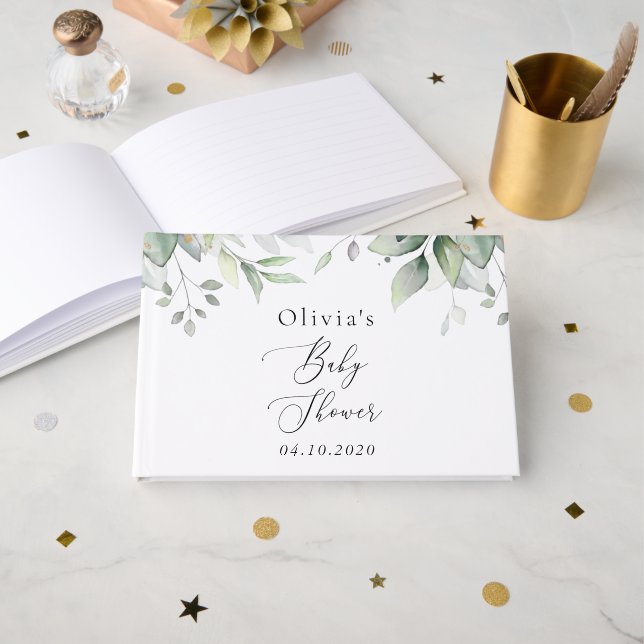 Grey, Eucalyptus Löv, Boho, Baby Shower Gästböcker (Framsida öppen)