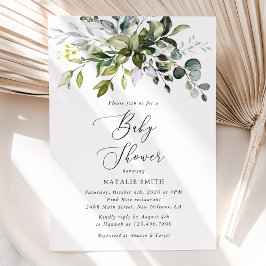 Grey, Eucalyptus Löv, Boho, Baby Shower Inbjudningar