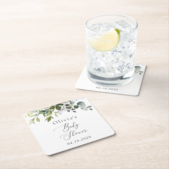 Grey, Eucalyptus Löv, Boho, Baby Shower Underlägg Papper Kvadrat (Insitu)