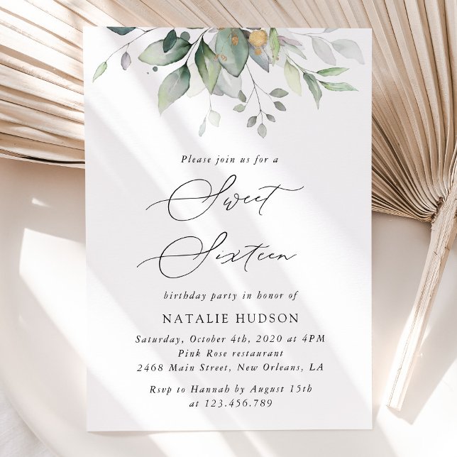 Grey, Eucalyptus Löv, Boho, Sweet 16 Inbjudningar (Skapare uppladdad)