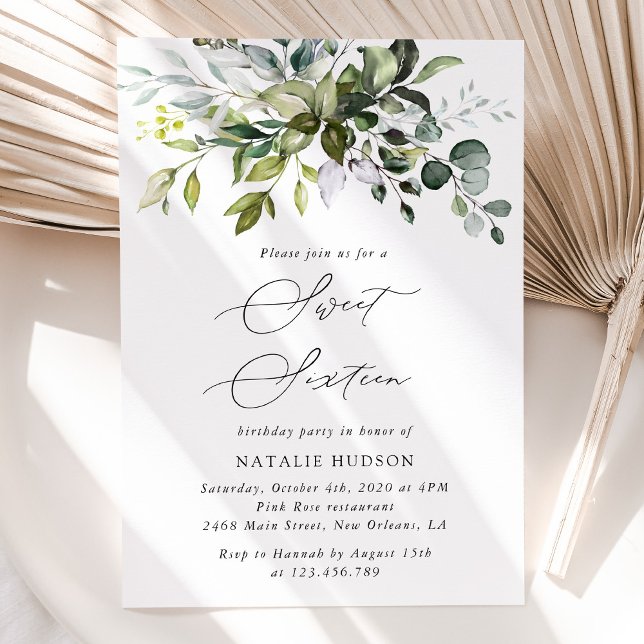 Grey, Eucalyptus Löv, Boho, Sweet 16 Inbjudningar (Skapare uppladdad)