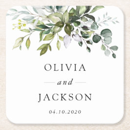 Grey, Eucalyptus Löv, Botaniska Bröllop Underlägg Papper Kvadrat