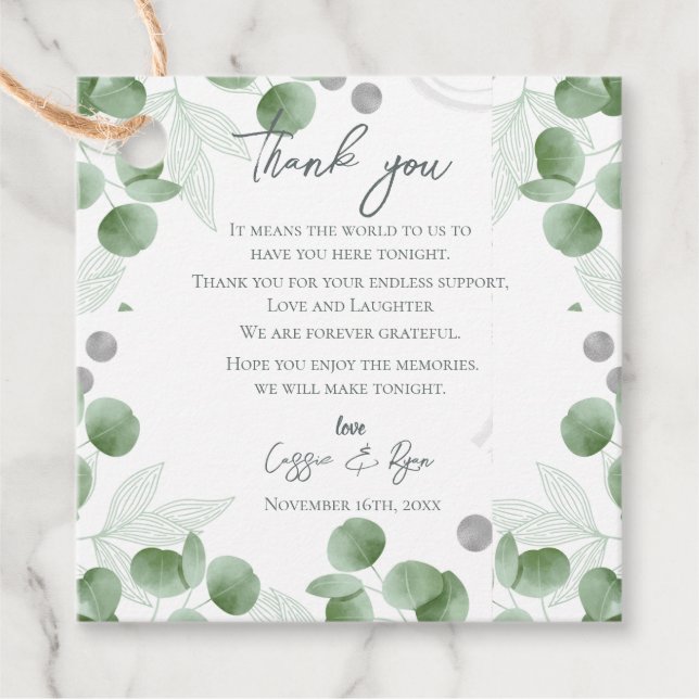 Grey Eucalyptus Löv Natature Inspired Bröllop Gåvor Etiketter (Framsida)